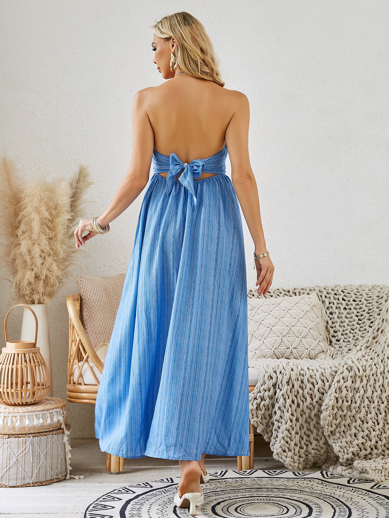 Bohemian Halter Maxi Dress - Women's Summer Sleeveless Flowy Beach Dress