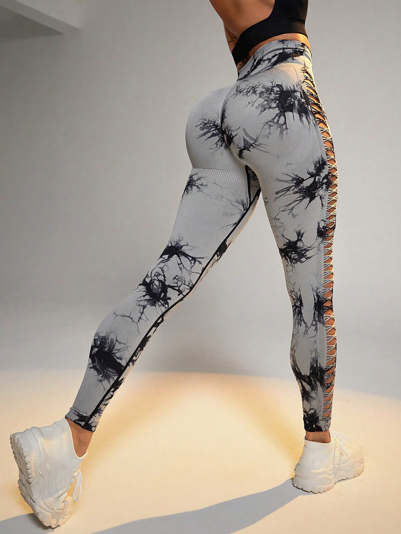 Cut Out Side Hollow Tie Dyed Yoga Pants, High Waist And Hip Lifting Fitness Pants With Side Hollow Seamless Sports Tights, Workout Gym Yoga Pants Scrunch Butt Lift Tights