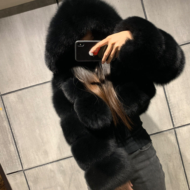 Short hooded faux fur long sleeve coat