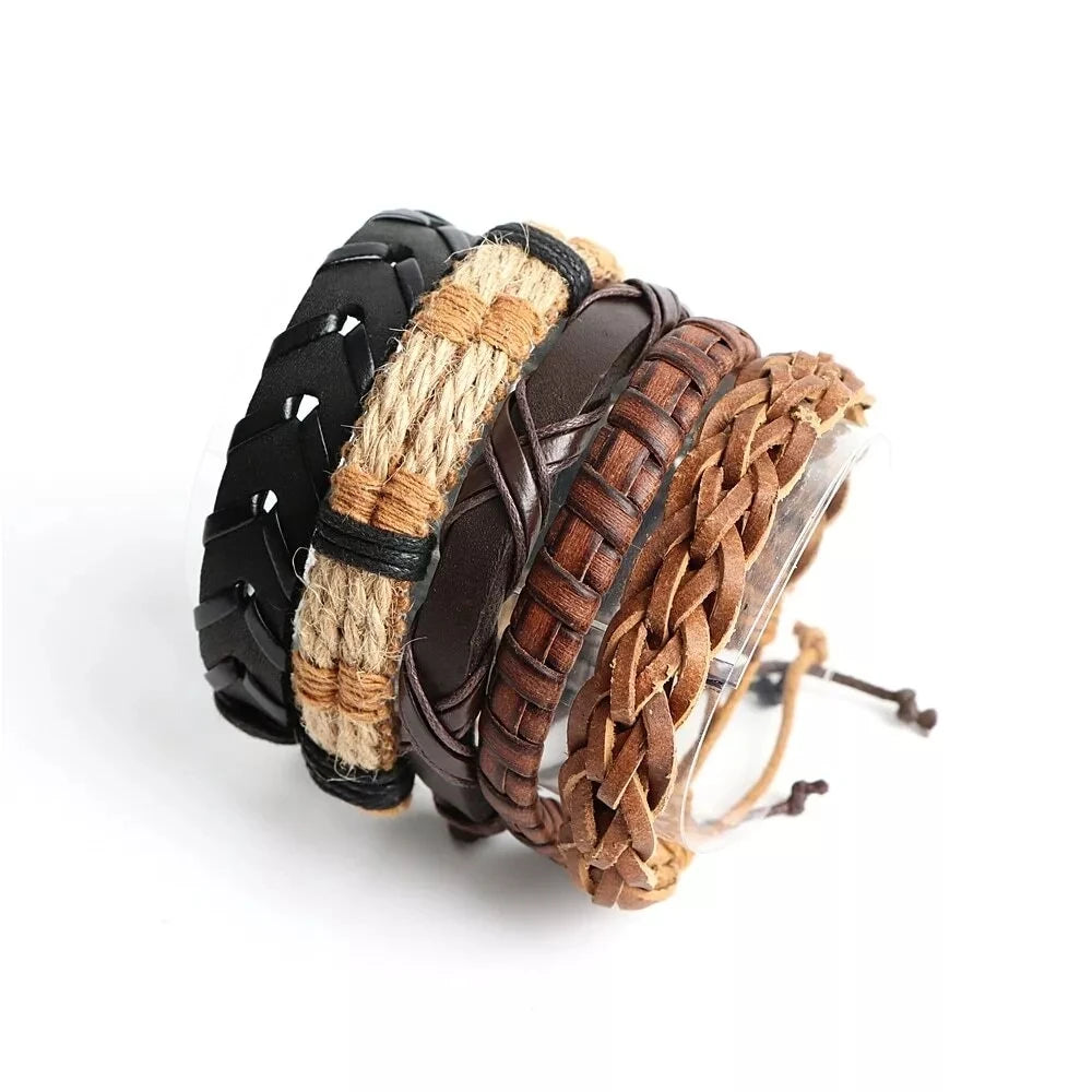 20-Piece Handmade Leather & Wood Bead Wrap Bracelets – Tribal Boho Wristbands for Men & Women