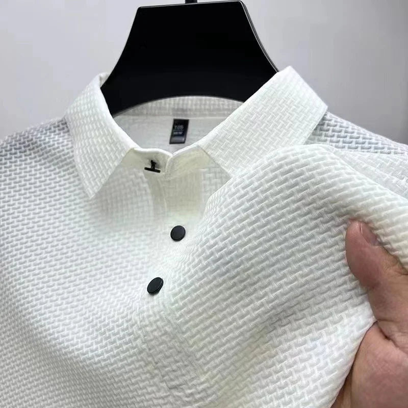 Men’s Business Casual Polo Shirt – Breathable Short Sleeve, Solid Color with Bone Flower Detail | Comfortable Summer Top