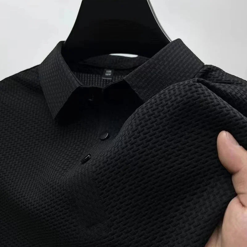 Men’s Business Casual Polo Shirt – Breathable Short Sleeve, Solid Color with Bone Flower Detail | Comfortable Summer Top