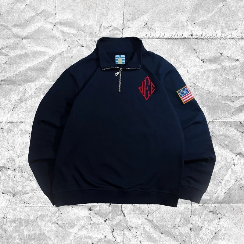 Y2K Retro Quarterzip Pullover Hoodie JEE Embroidery Pattern Sweatshirt American Vintage Casual Streetwear Men Oversized Coat