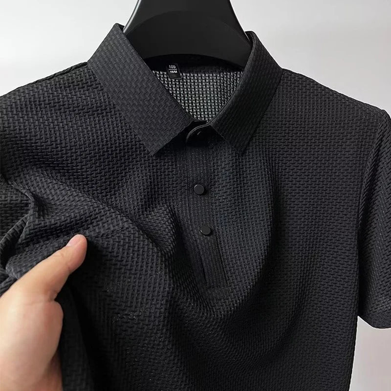 Men’s Business Casual Polo Shirt – Breathable Short Sleeve, Solid Color with Bone Flower Detail | Comfortable Summer Top