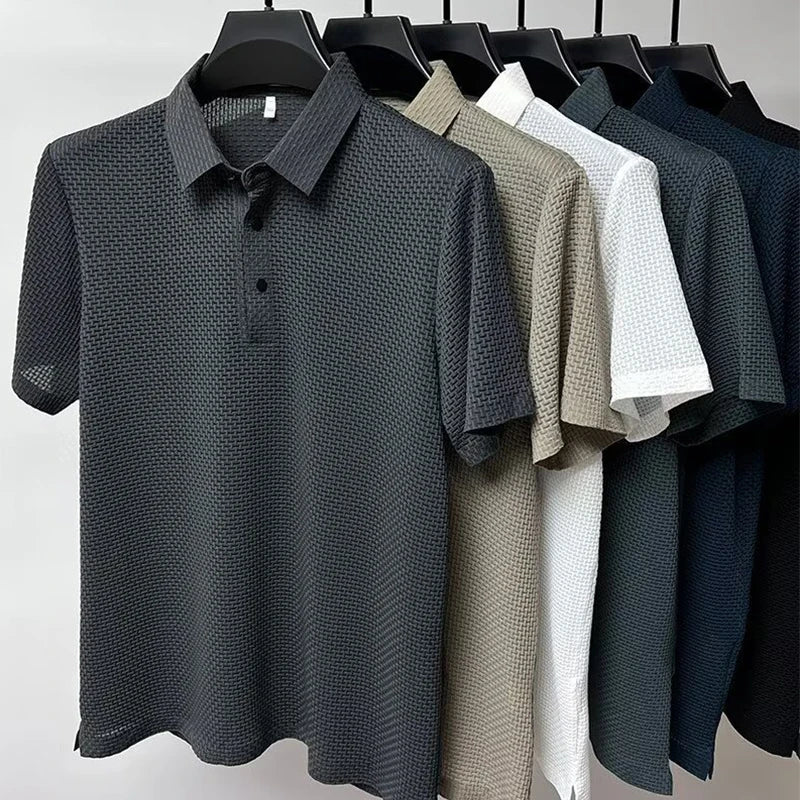 Men’s Business Casual Polo Shirt – Breathable Short Sleeve, Solid Color with Bone Flower Detail | Comfortable Summer Top