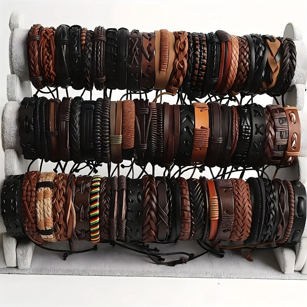 20-Piece Handmade Leather & Wood Bead Wrap Bracelets – Tribal Boho Wristbands for Men & Women