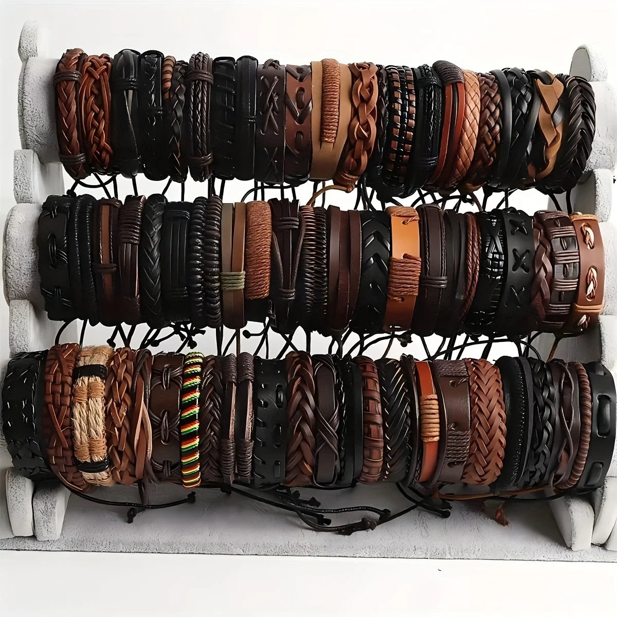 20-Piece Handmade Leather & Wood Bead Wrap Bracelets – Tribal Boho Wristbands for Men & Women