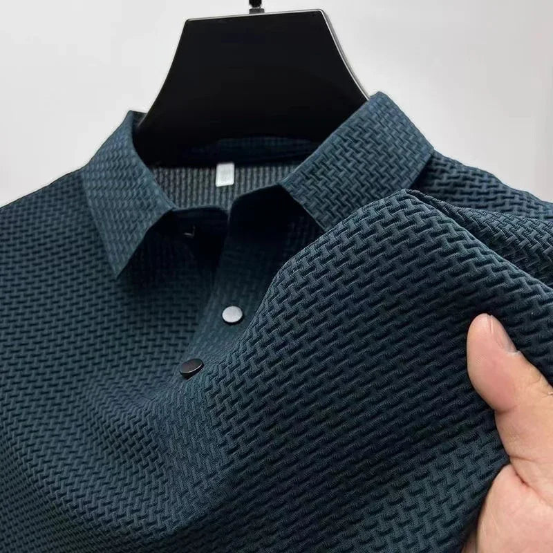 Men’s Business Casual Polo Shirt – Breathable Short Sleeve, Solid Color with Bone Flower Detail | Comfortable Summer Top