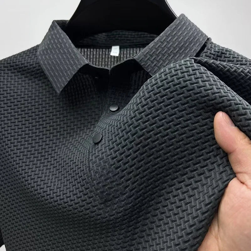 Men’s Business Casual Polo Shirt – Breathable Short Sleeve, Solid Color with Bone Flower Detail | Comfortable Summer Top