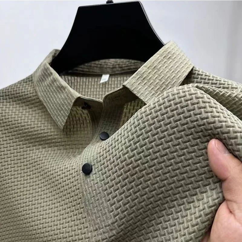 Men’s Business Casual Polo Shirt – Breathable Short Sleeve, Solid Color with Bone Flower Detail | Comfortable Summer Top