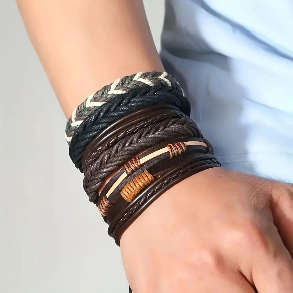 20-Piece Handmade Leather & Wood Bead Wrap Bracelets – Tribal Boho Wristbands for Men & Women