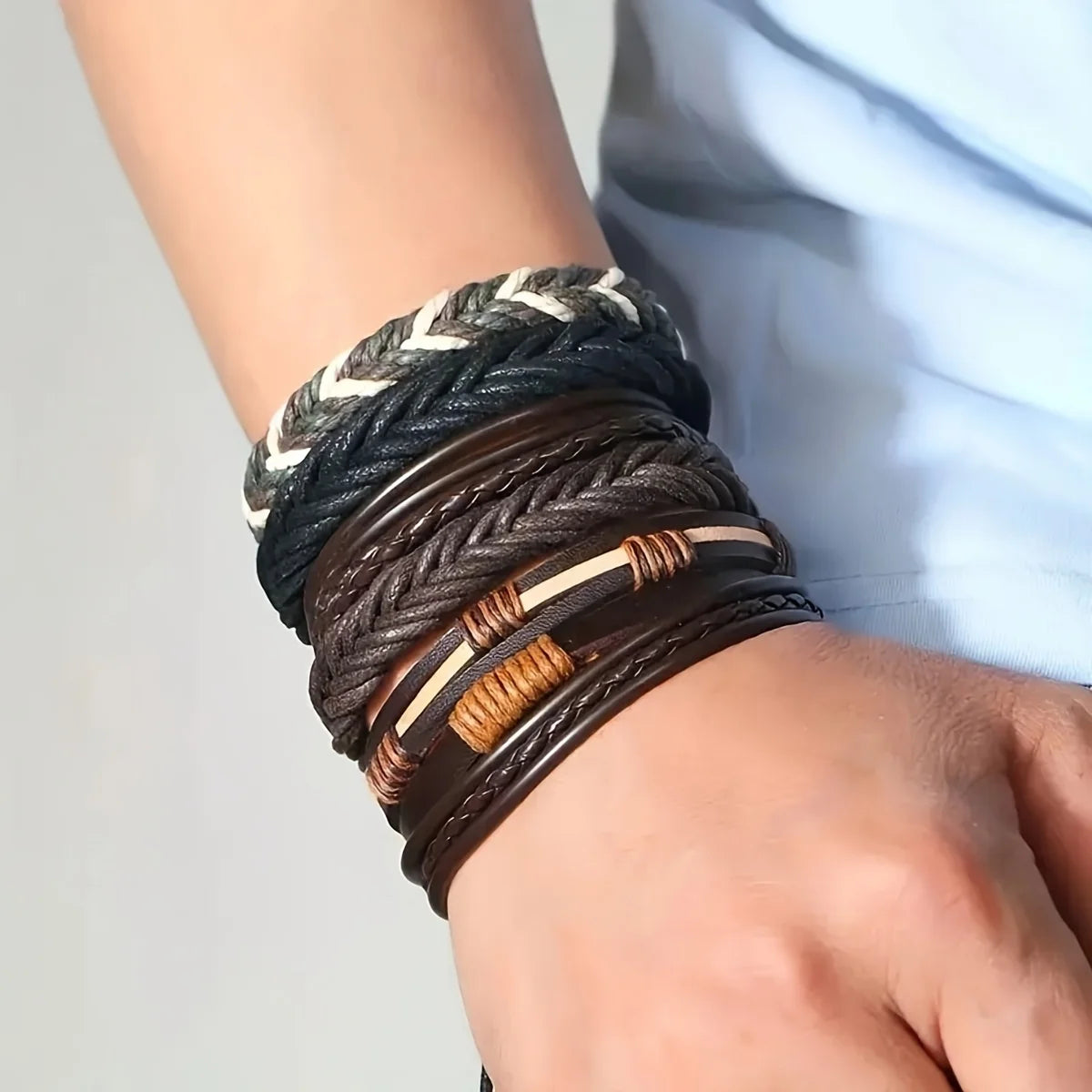 20-Piece Handmade Leather & Wood Bead Wrap Bracelets – Tribal Boho Wristbands for Men & Women