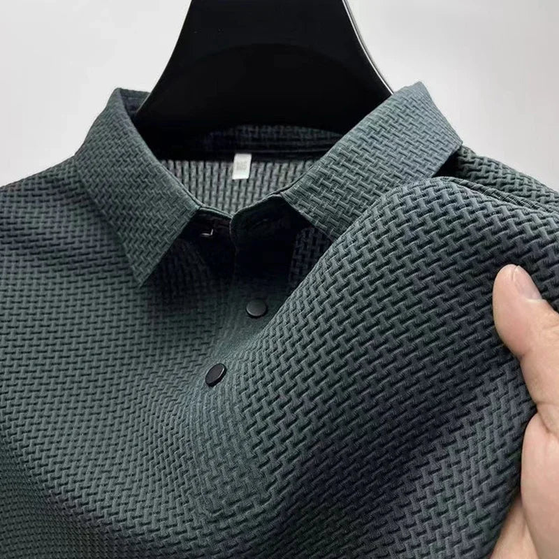 Men’s Business Casual Polo Shirt – Breathable Short Sleeve, Solid Color with Bone Flower Detail | Comfortable Summer Top
