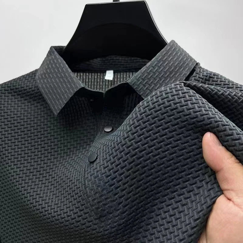 Men’s Business Casual Polo Shirt – Breathable Short Sleeve, Solid Color with Bone Flower Detail | Comfortable Summer Top