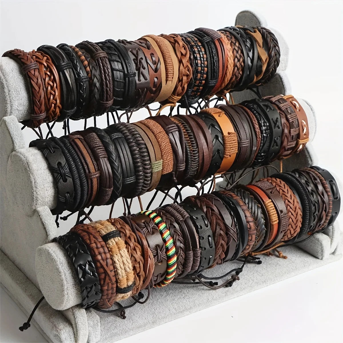 20-Piece Handmade Leather & Wood Bead Wrap Bracelets – Tribal Boho Wristbands for Men & Women
