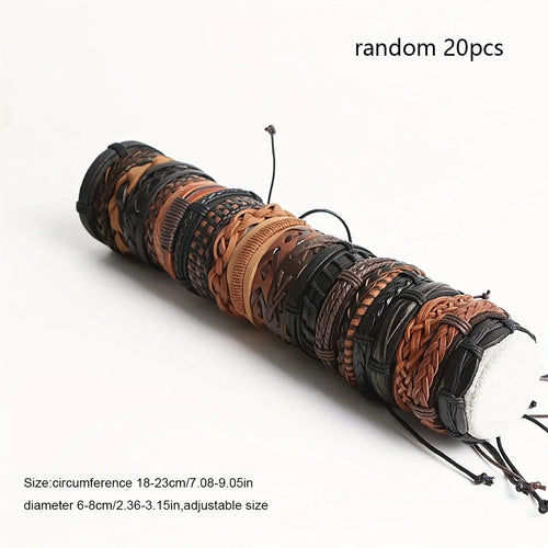 20-Piece Handmade Leather & Wood Bead Wrap Bracelets – Tribal Boho Wristbands for Men & Women
