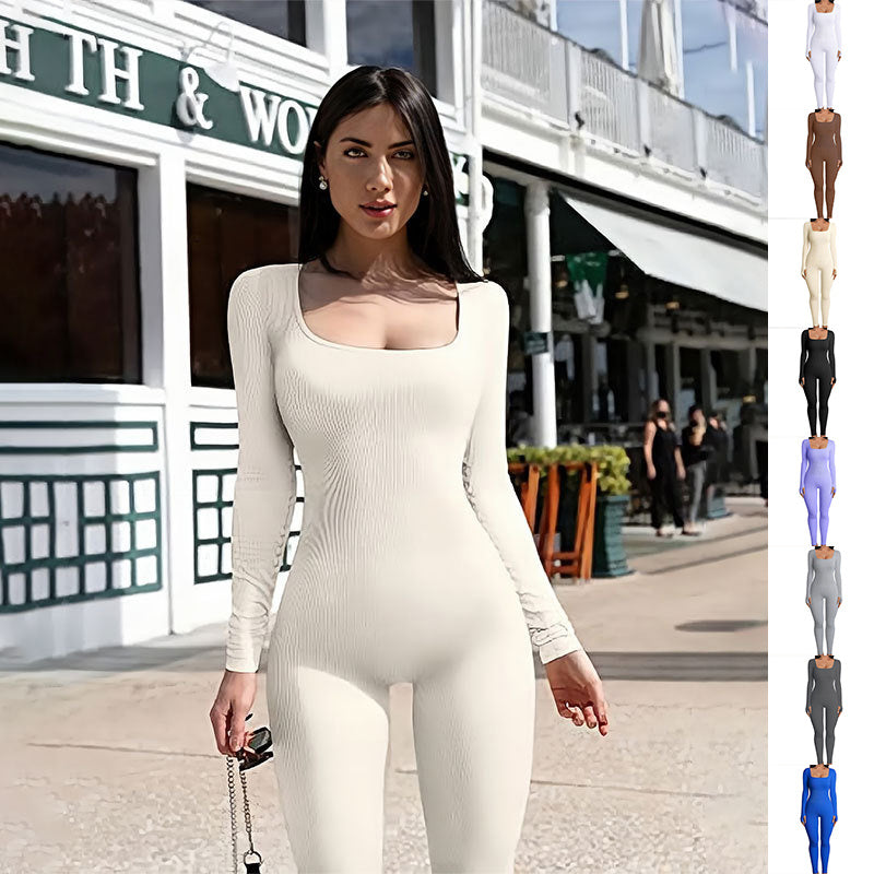 Women's Yoga Sports Fitness Jumpsuit Workout Long Sleeve Square Collar Clothing